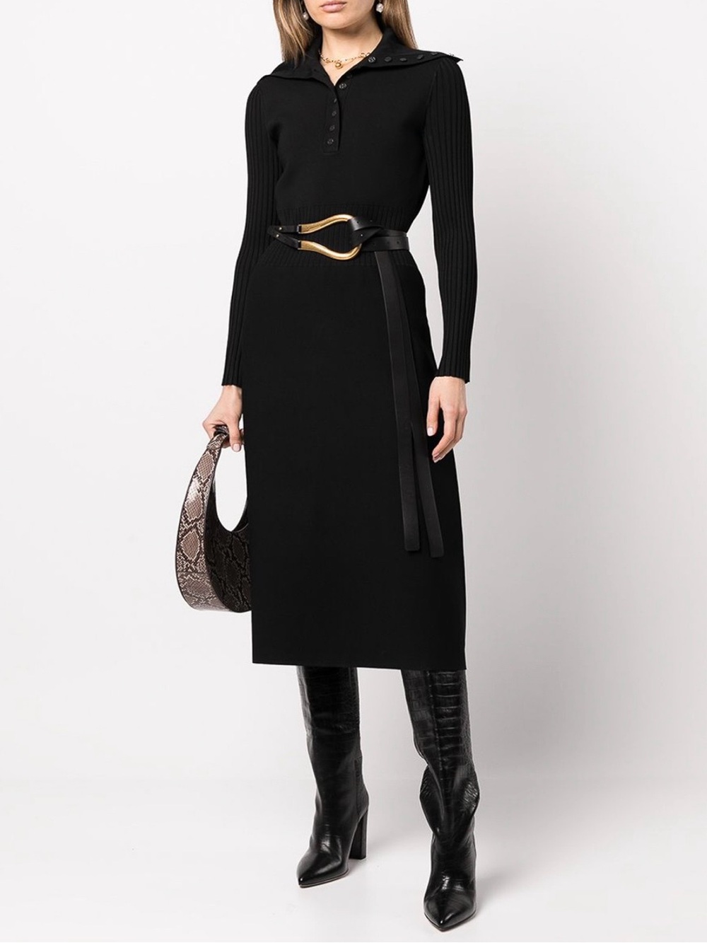 Tory Burch Polo Black Sweater Knit Shawl Collar Midi Dress